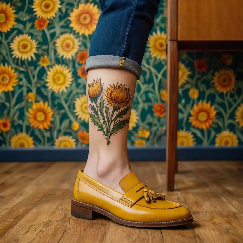 Tattoo of vibrant yellow sunflowers with green leaves on calf, representing positivity and longevity against a floral backdrop.