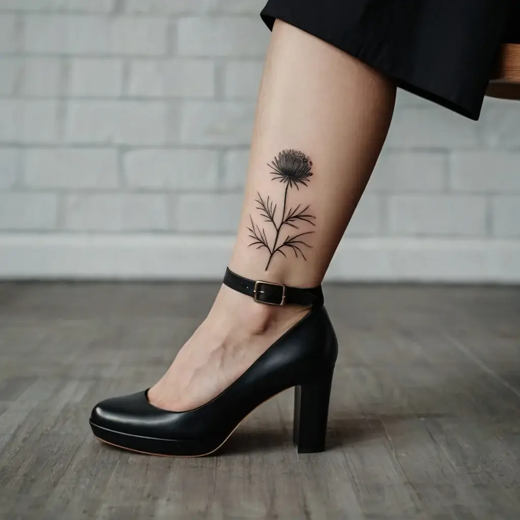 Minimalist thistle tattoo on the calf, featuring fine lines and detailed petals, symbolizing strength and resilience.