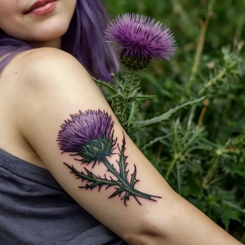 Tattoo of a detailed purple thistle flower with green leaves, precisely inked on the upper arm, symbolizing strength.