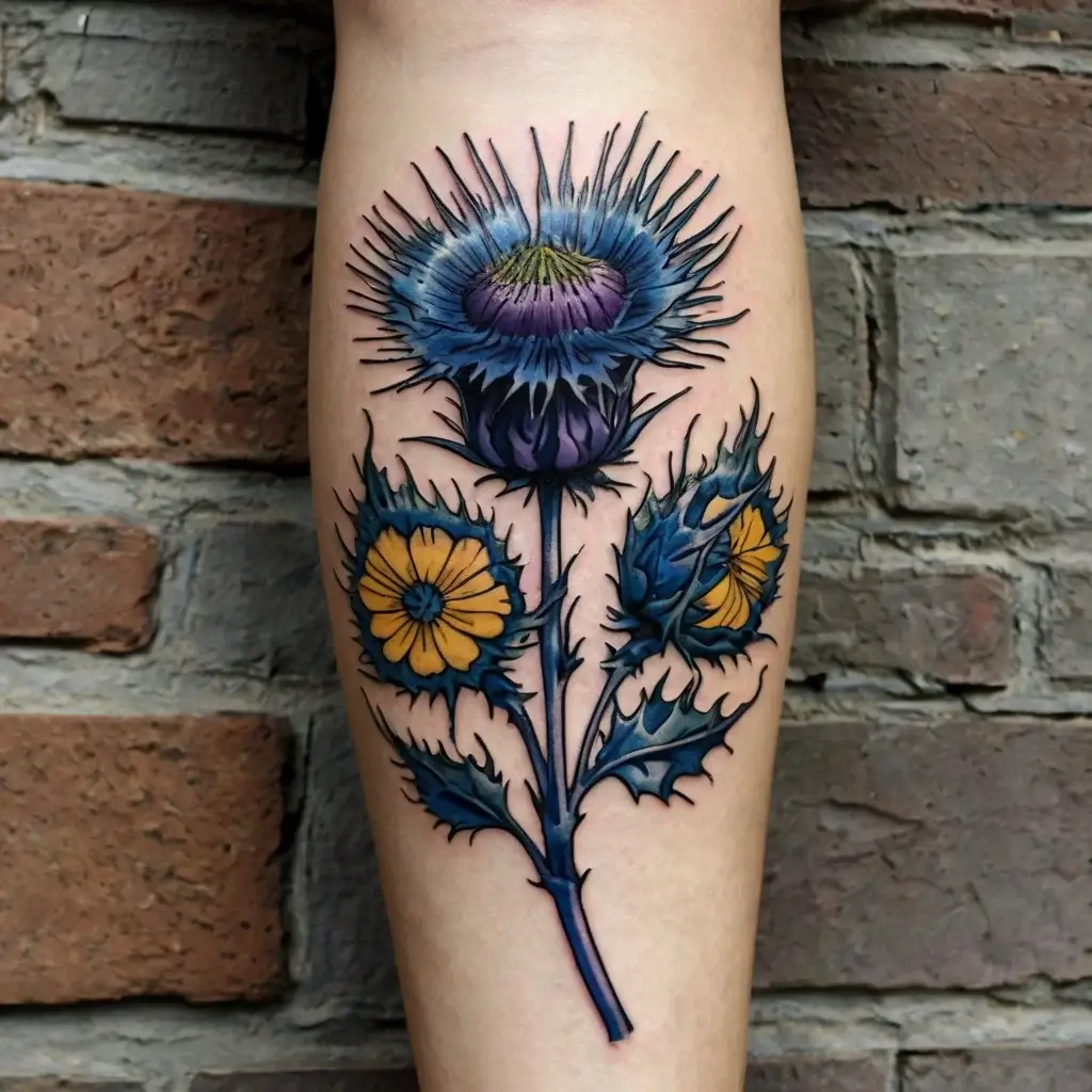 Tattoo of a vibrant blue thistle with yellow flowers, bold outlines, and intricate shading on the forearm.