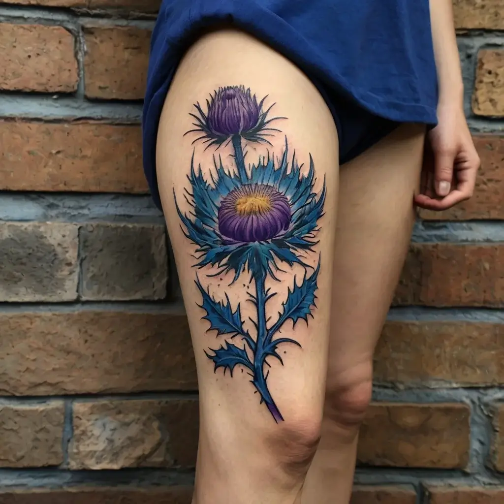 Tattoo of vibrant purple thistles with blue spiky leaves, symbolizing resilience and pride, on the upper leg.