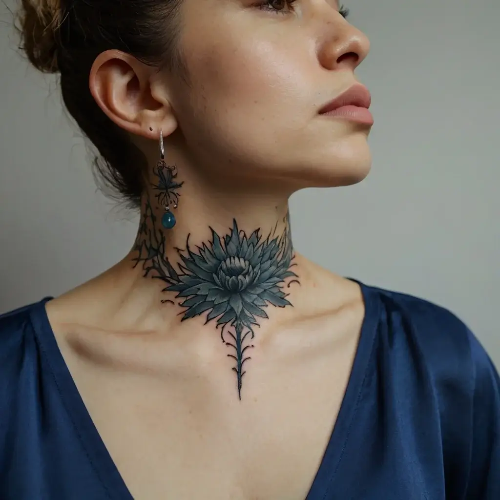 A blue lotus tattoo elegantly wraps around the neck, featuring intricate petals and thorny details, symbolizing resilience.