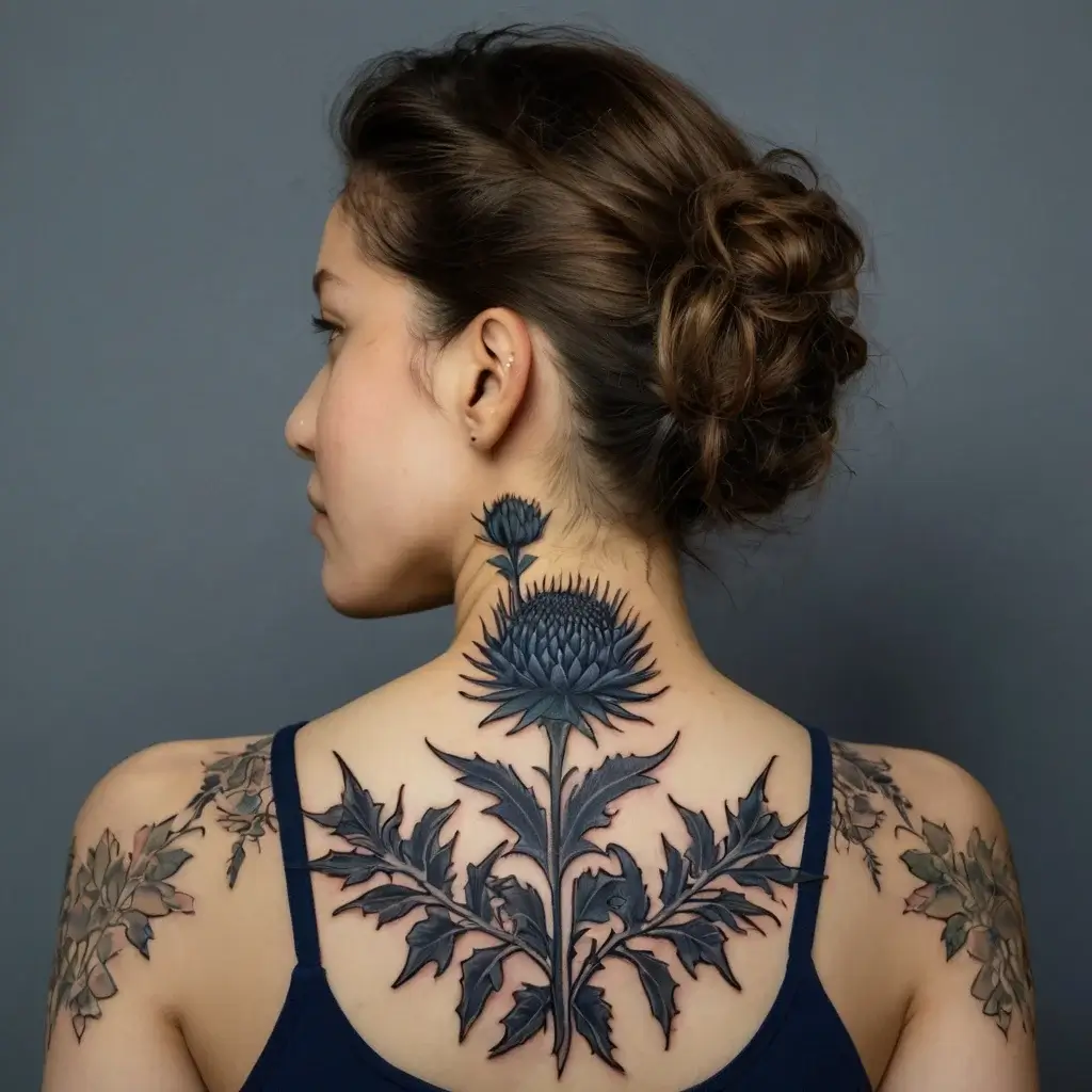 Detailed thistle tattoo on upper back, showcasing intricate leaves and blossom in dark shades, extending onto shoulders.