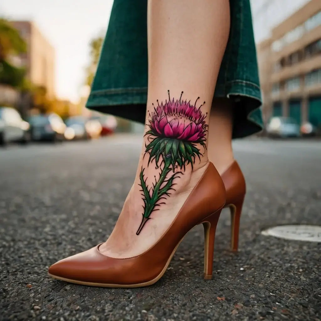 A vibrant thistle tattoo on the ankle, featuring a purple bloom and green thorny stem, elegantly extending above a high heel.