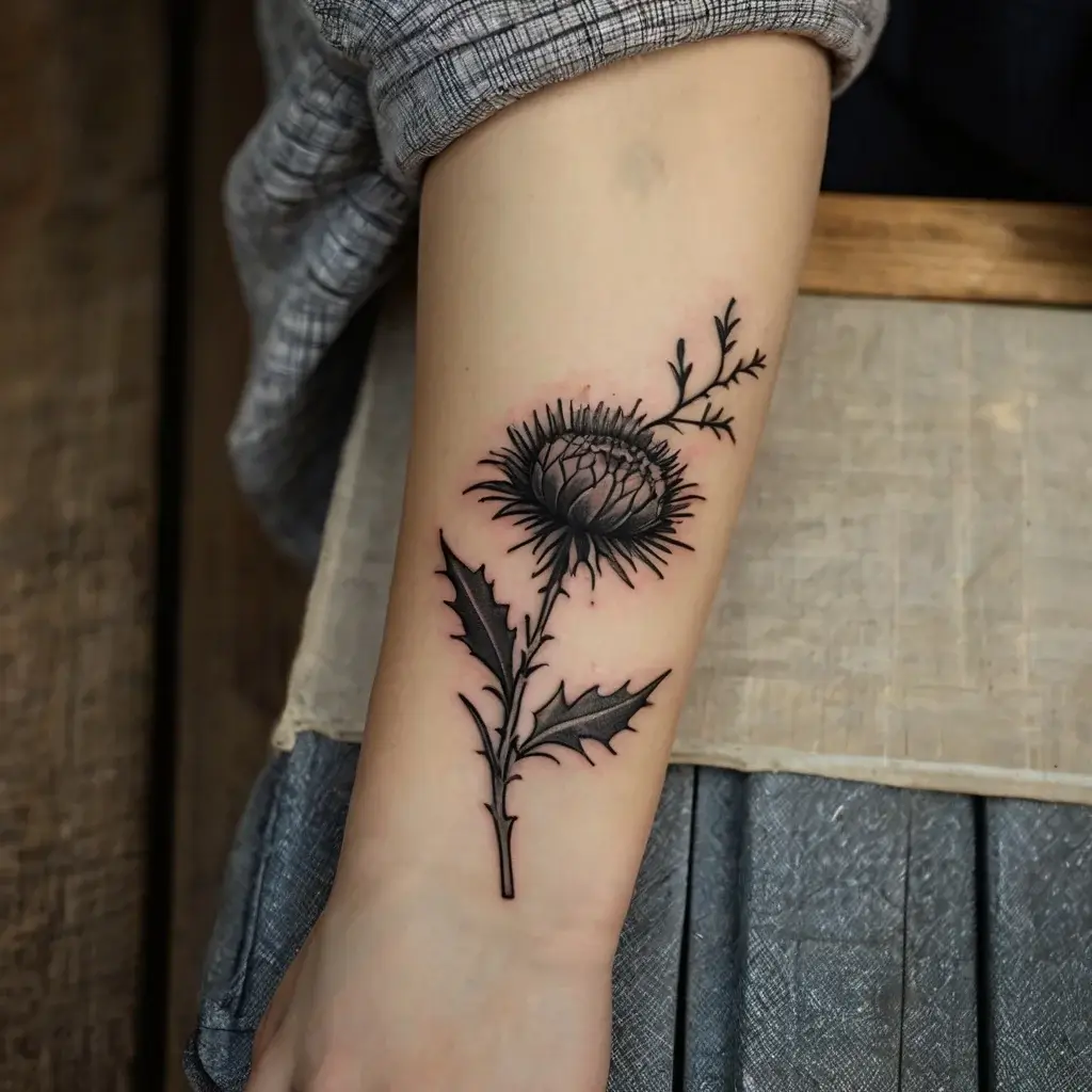 Detailed black ink tattoo of a blooming thistle on the forearm, showcasing intricate lines and shading.