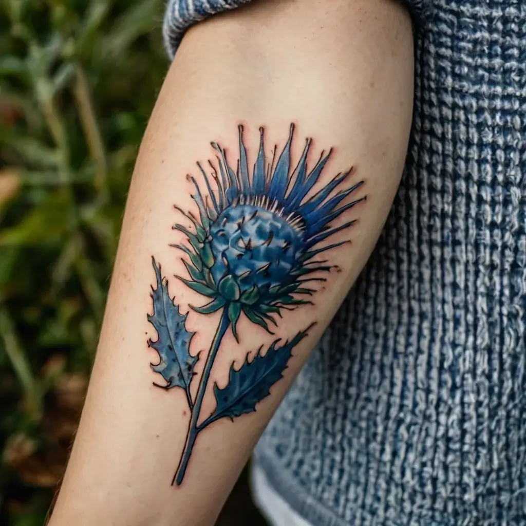 Tattoo of a vibrant blue thistle on arm, showcasing detailed petals and leaves with intricate shading.