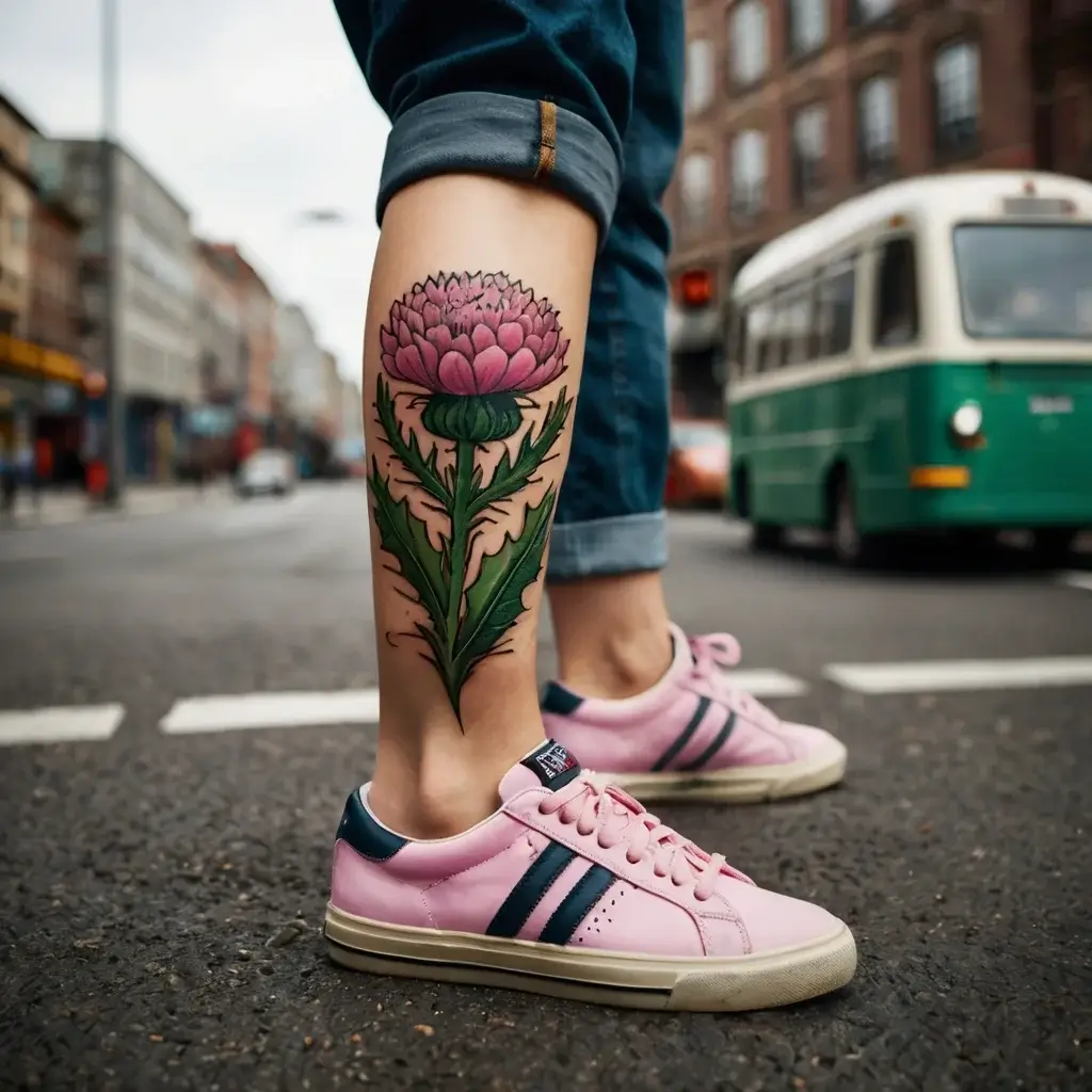 A vibrant tattoo of a pink chrysanthemum with green leaves on a leg, highlighting nature and resilience.