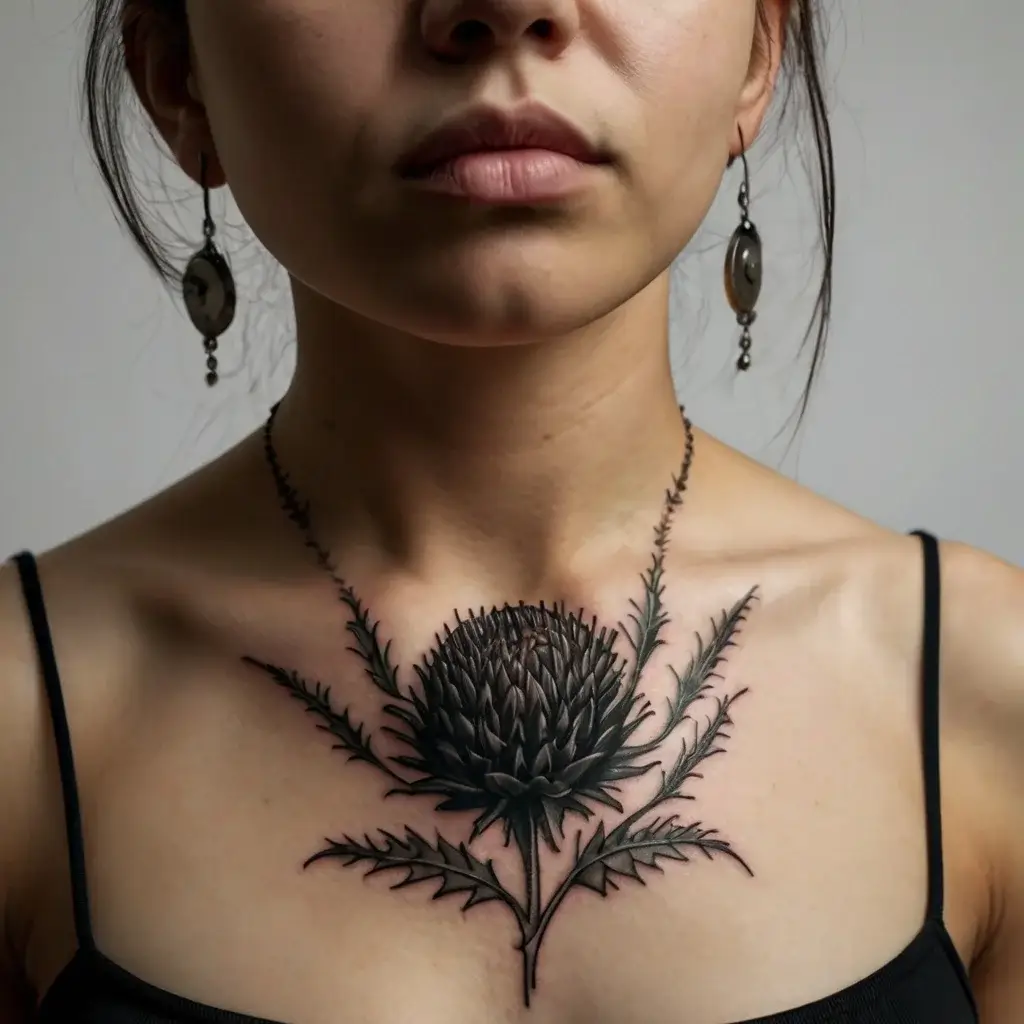 A detailed thistle tattoo centered on the chest, with bold, sharp leaves and an intricate floral bloom, symbolizing strength.