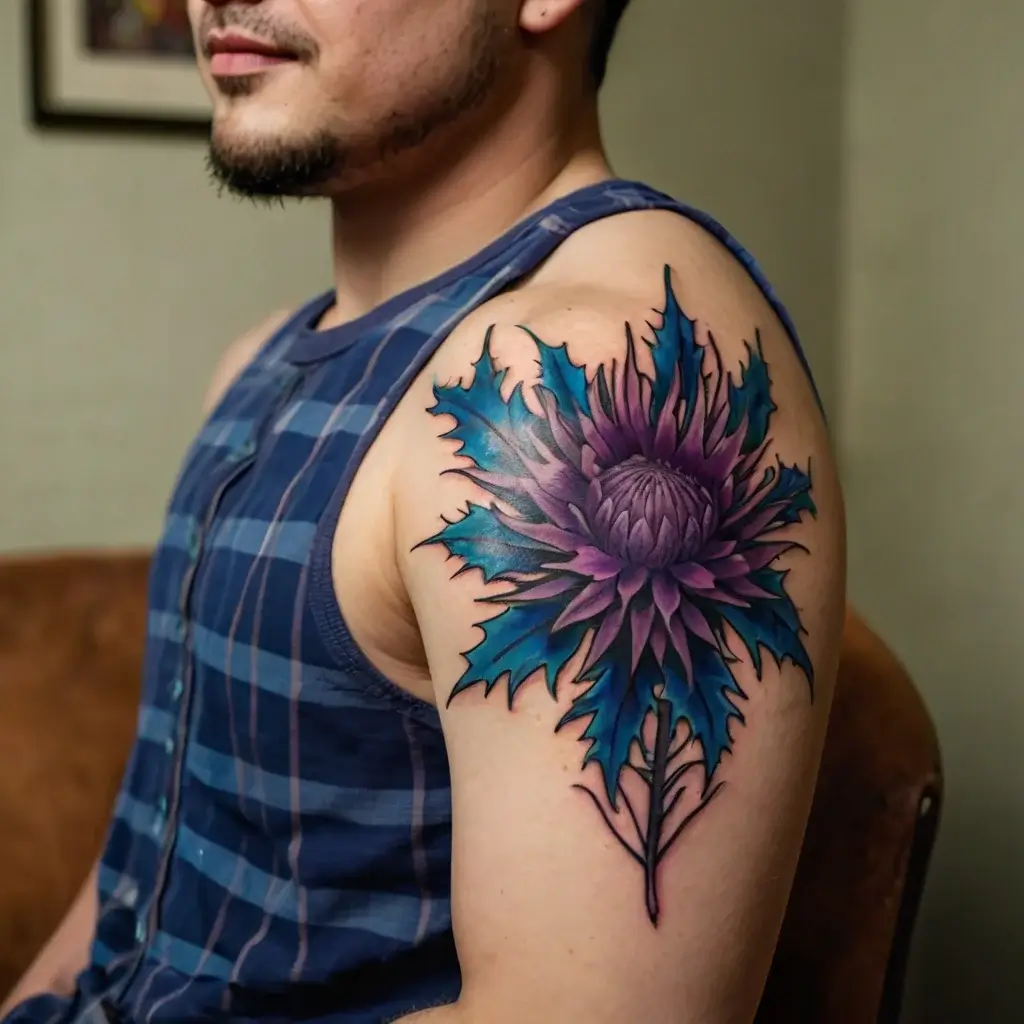 Stylized purple and blue thistle tattoo on upper arm, with vibrant colors and sharp detailing, symbolizing resilience.