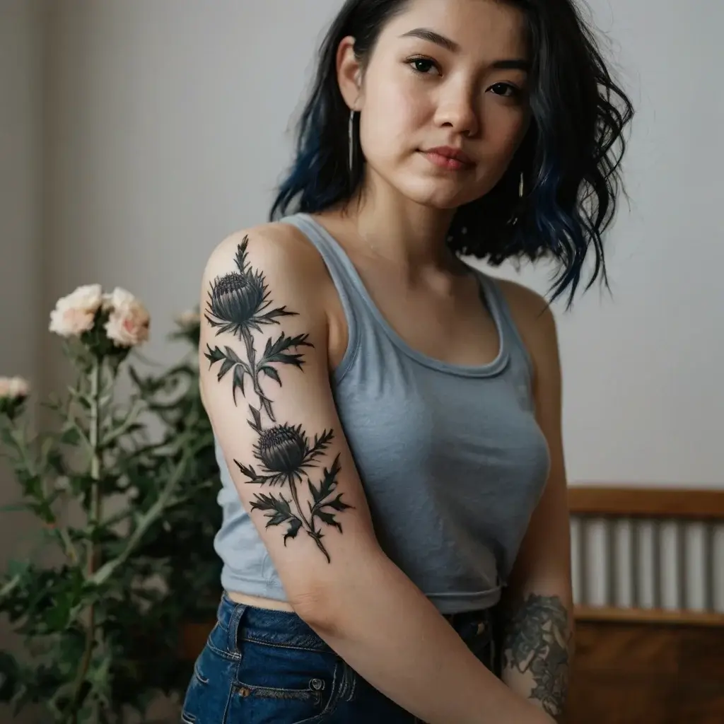 Upper arm tattoo of two detailed thistle flowers with spiky leaves, rendered in black ink, showing bold, naturalistic design.