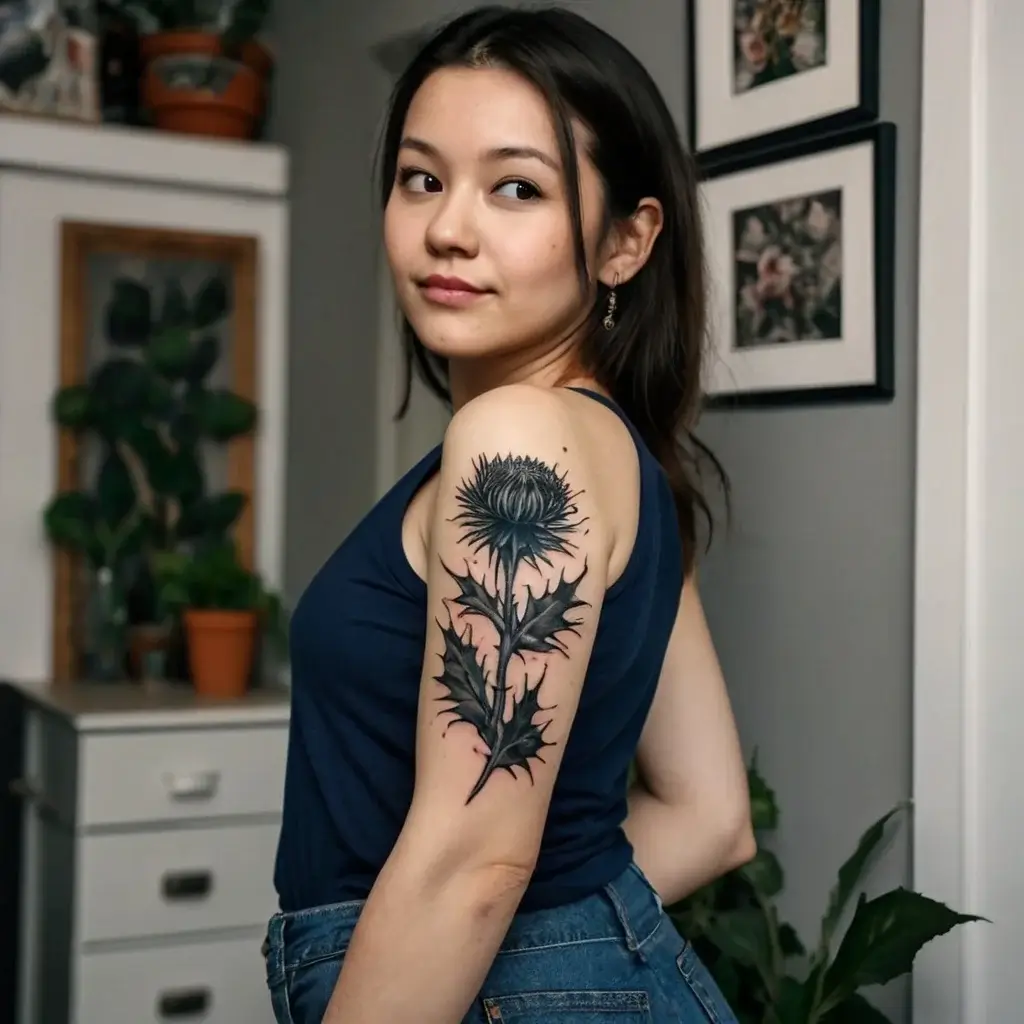 A bold black ink tattoo of a detailed thistle with sharp leaves on the upper arm, symbolizing resilience and protection.