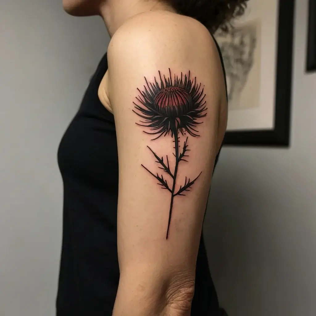 Tattoo of a black and red thistle flower with spiky petals and leaves, elegantly inked on the upper arm.