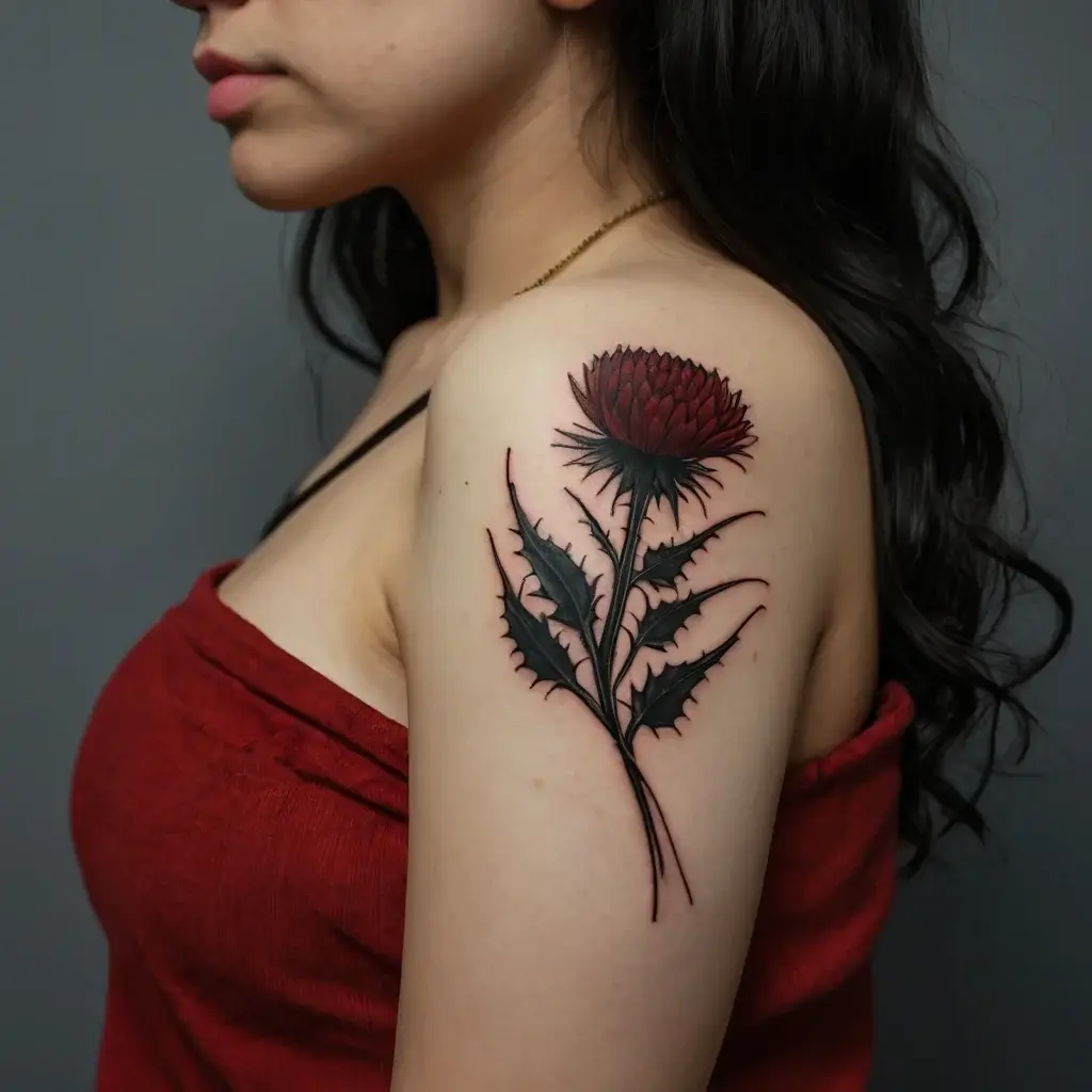 Elegant thistle tattoo on upper arm, featuring a bold red bloom with dark, spiky leaves, symbolizing resilience.