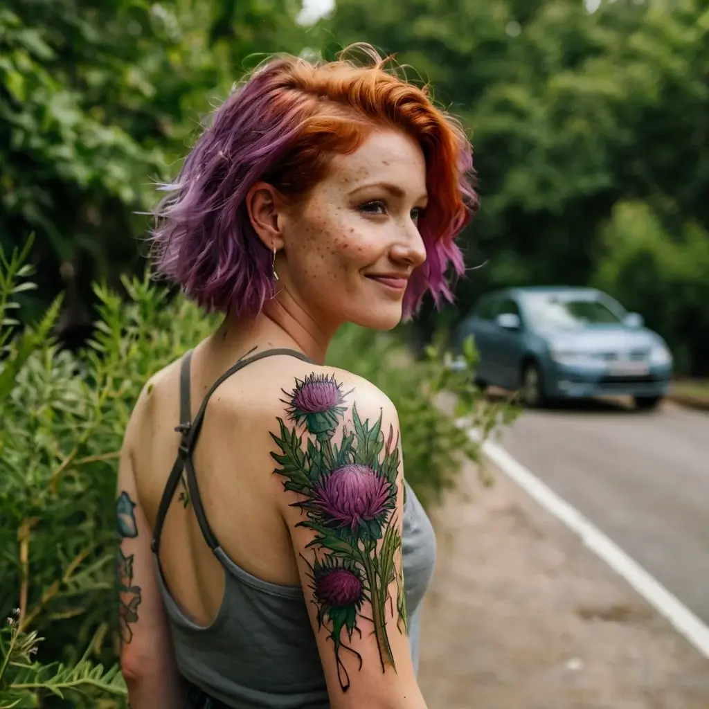 Intricate tattoo of vibrant purple thistles with green leaves on the upper arm, showcasing natural beauty and artistry.