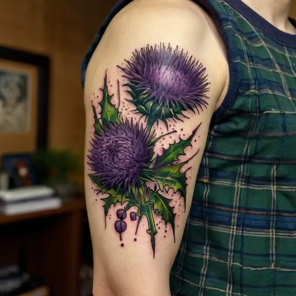 Tattoo of two vibrant purple thistles with green leaves, showcasing intricate detailing and shading on the upper arm.