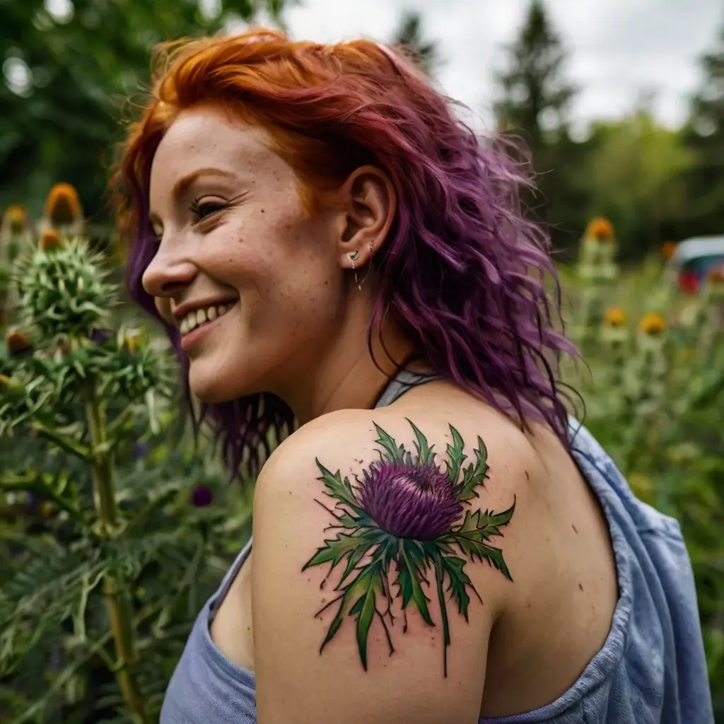 A vibrant thistle tattoo on the shoulder, featuring purple petals and green leaves, symbolizing resilience and pride.