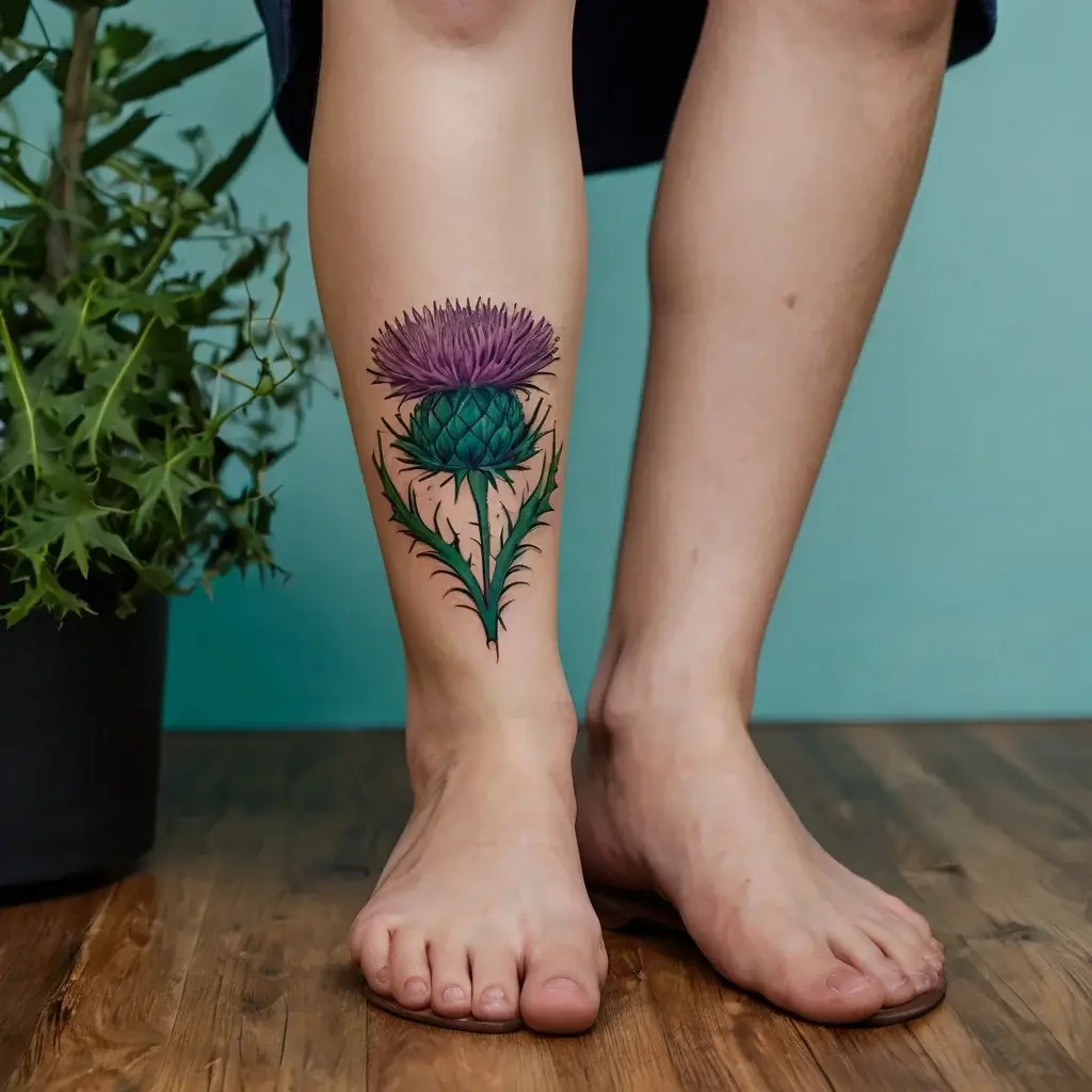 A vibrant tattoo of a thistle in purple and green adorns the calf, symbolizing elegance and resilience.