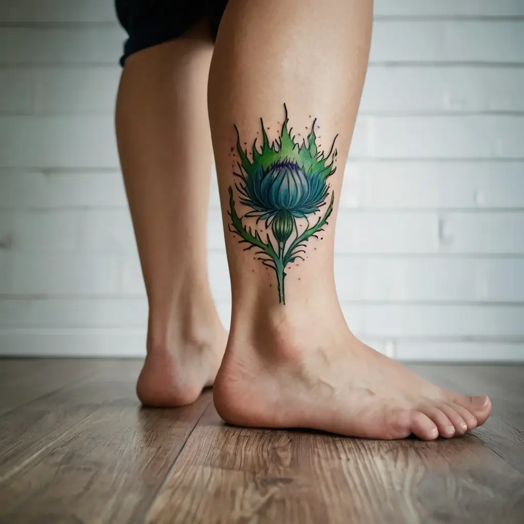 Stylized lotus tattoo on lower leg in blue and green hues. Surrounded by dynamic lines for an artistic, lively effect.