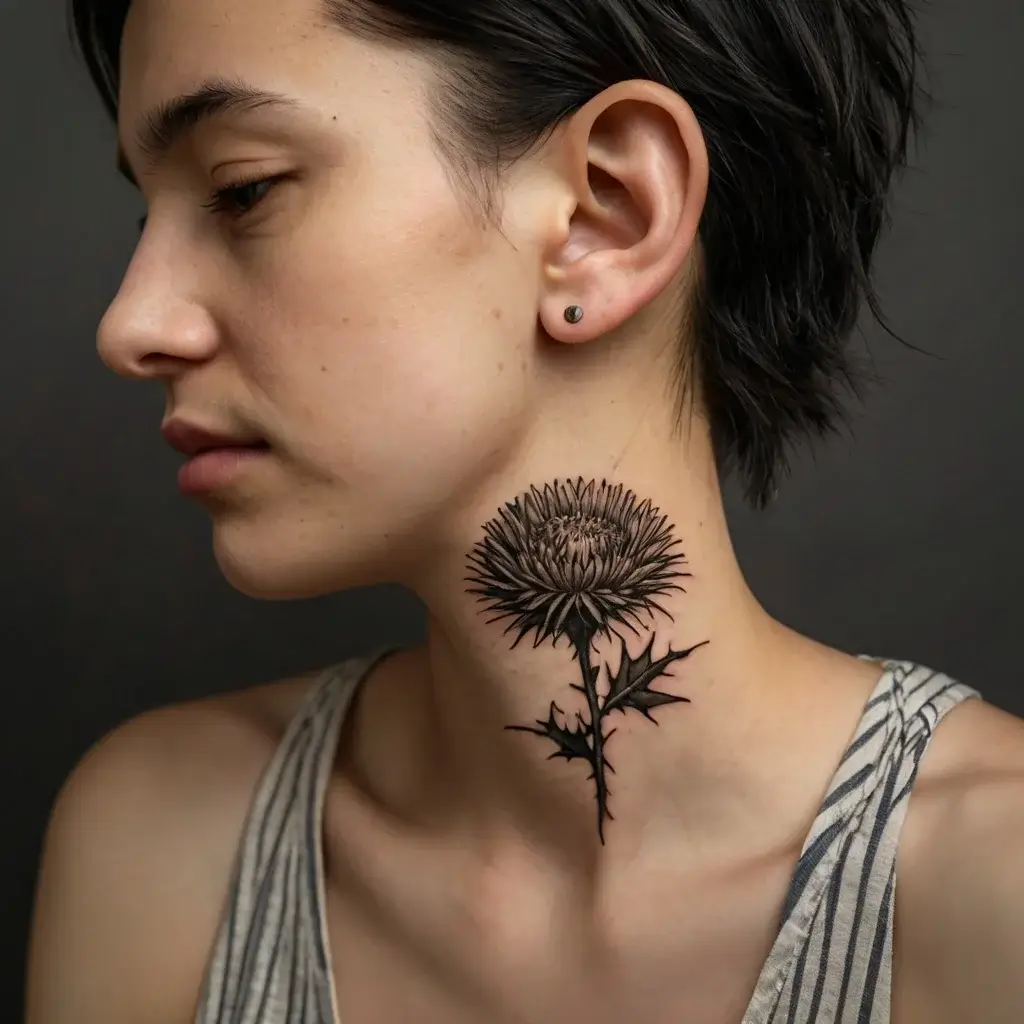 Neck tattoo of a detailed thistle in black ink, with intricate shading and sharp leaves, symbolizing resilience.