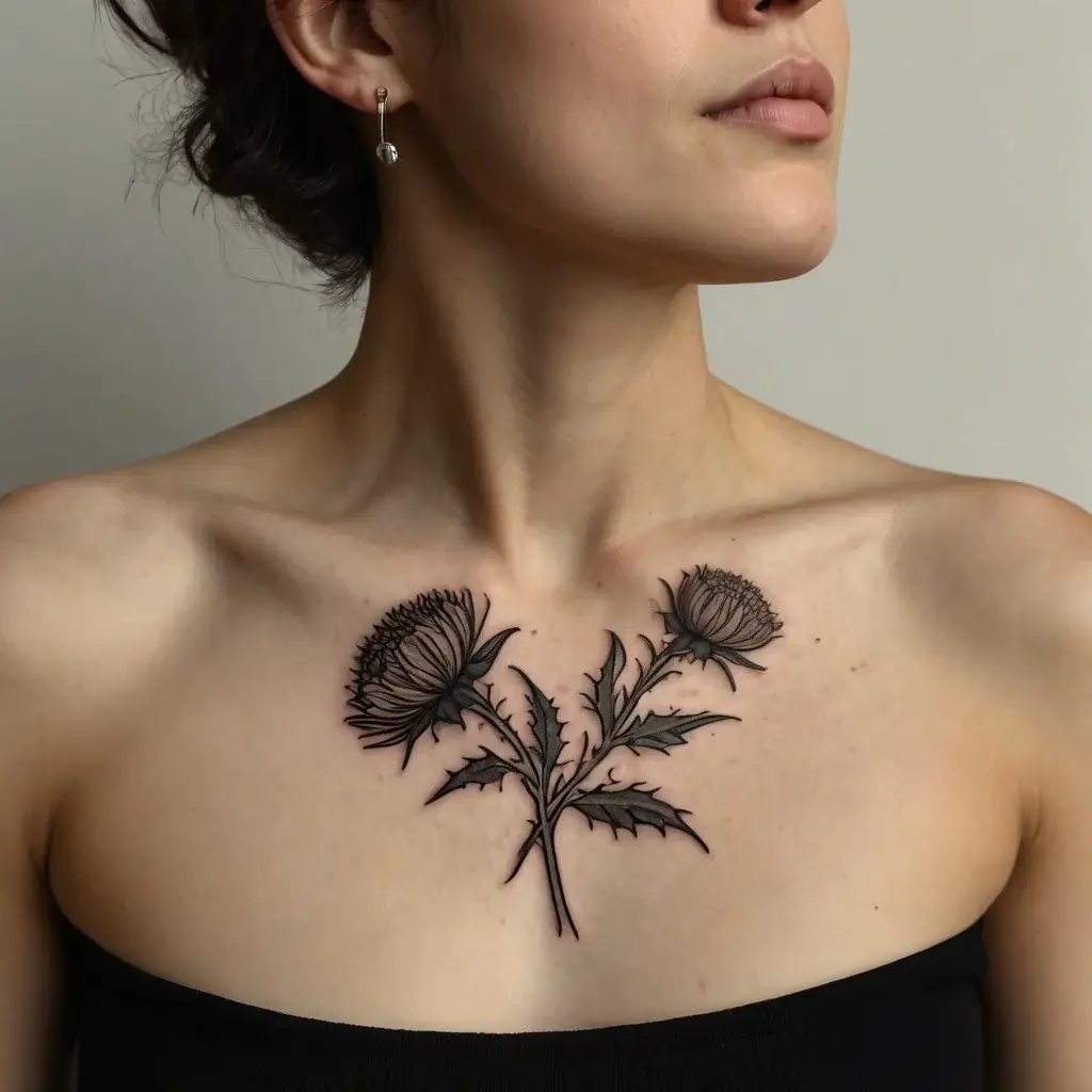 Ornate black ink tattoo of two thistle flowers with stems and leaves, elegantly positioned below the collarbone.