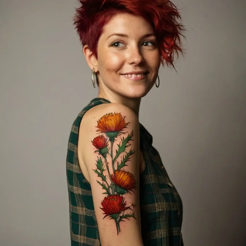 Colorful floral tattoo on upper arm featuring vibrant orange flowers with green leaves, styled in an illustrative design.