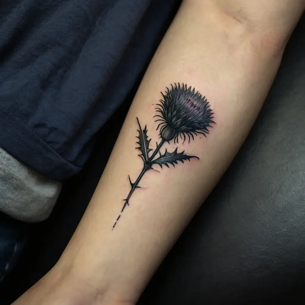 Tattoo of a detailed black and gray thistle flower on the forearm, symbolizing resilience and protection.