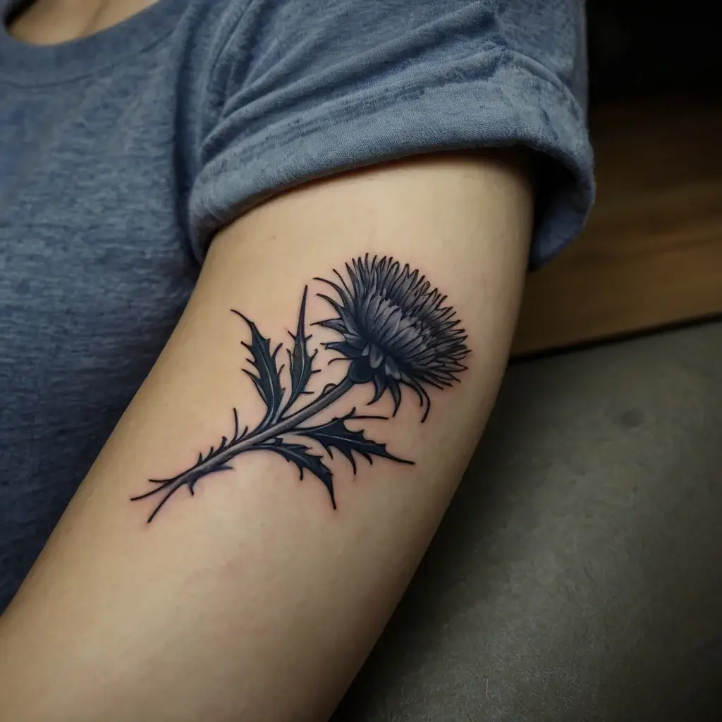 Tattoo of a detailed black and grey thistle on an upper arm, displaying intricate linework and shading.