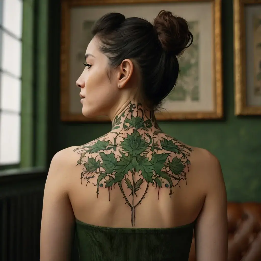 Tattoo of intricate green vines and leaves covering the neck and upper back with delicate shading and symmetry.