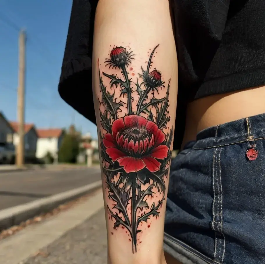 Tattoo of a red poppy with sharp thorns and dark leaves, blending realism and neo-traditional style on the arm.