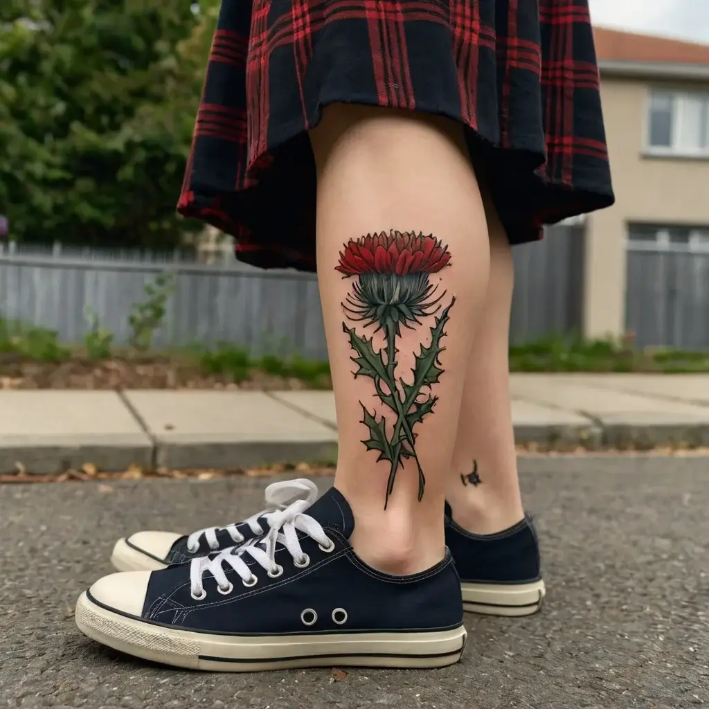 A colorful thistle tattoo on the calf, with intricate green leaves and a vibrant red bloom, showcasing nature's elegance.