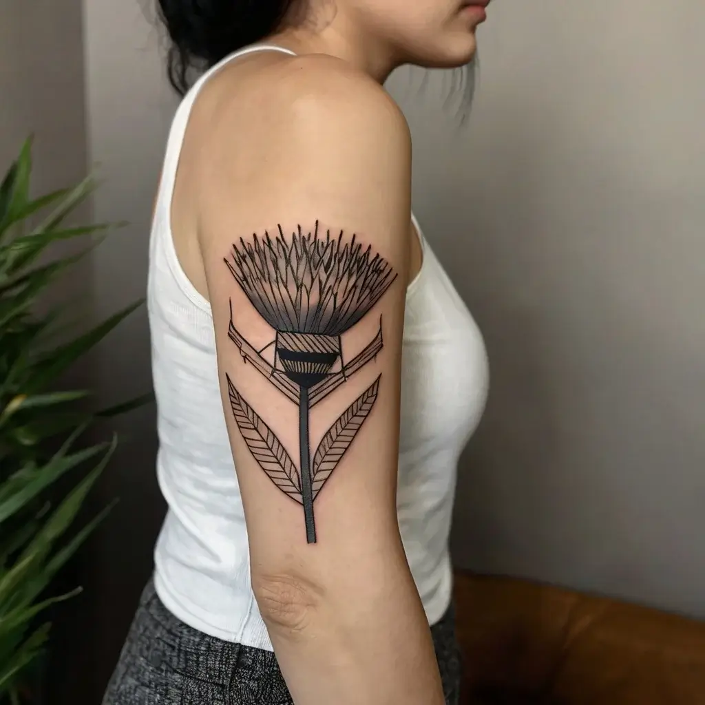 Stylized geometric flower tattoo on upper arm, featuring a thistle with detailed leaves and bold lines.