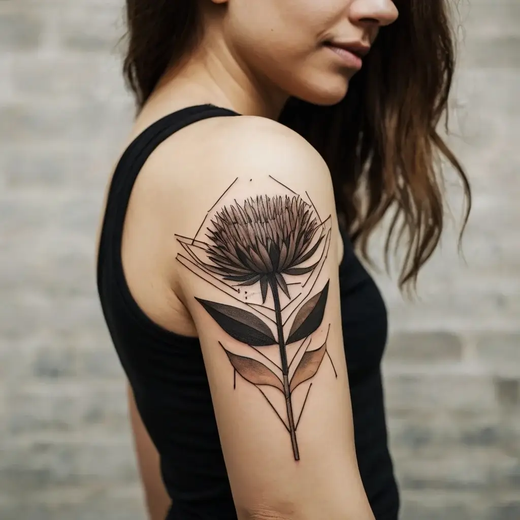 Geometric floral tattoo on the upper arm, featuring a detailed, stylized flower with abstract shapes and clean lines.