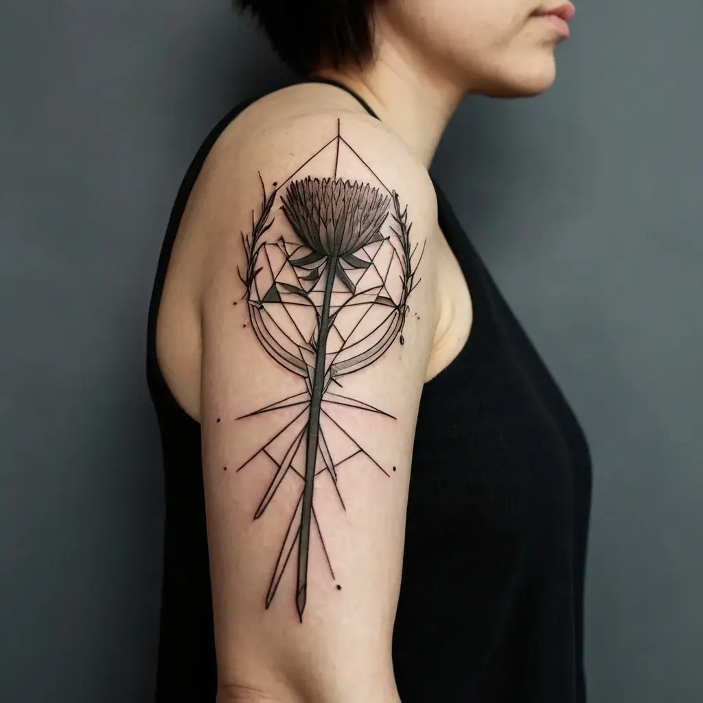 Geometric flower tattoo on upper arm, featuring intricate lines and symmetrical shapes, creating a detailed layered pattern.