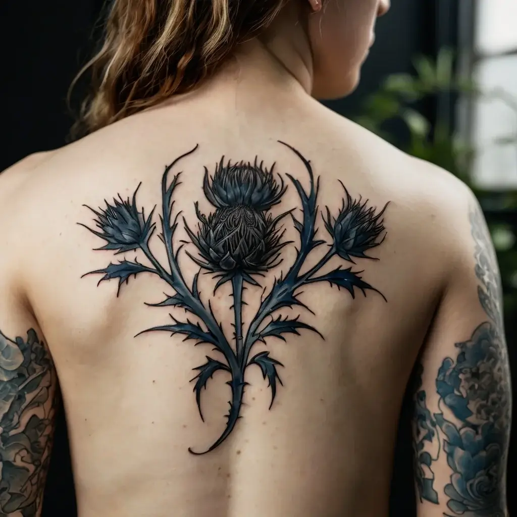 Intricate black thistle tattoo spanning the back, showcasing detailed petals and spiky leaves for a bold botanical look.