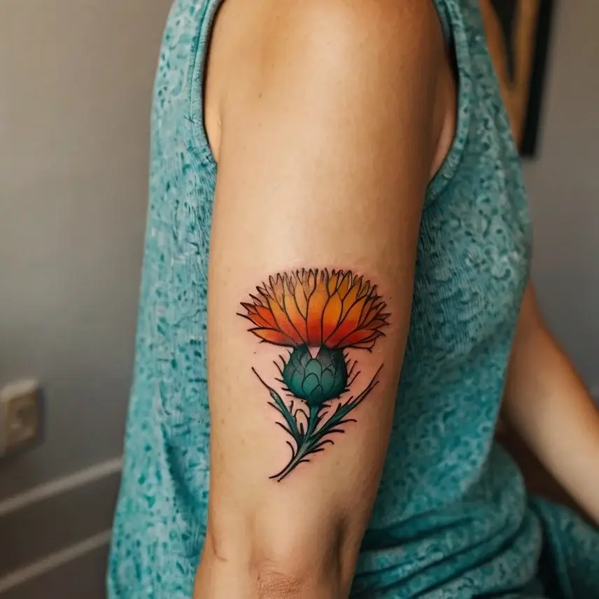 Tattoo of a vibrant marigold with orange petals and teal green leaves on the upper arm, symbolizing creativity.