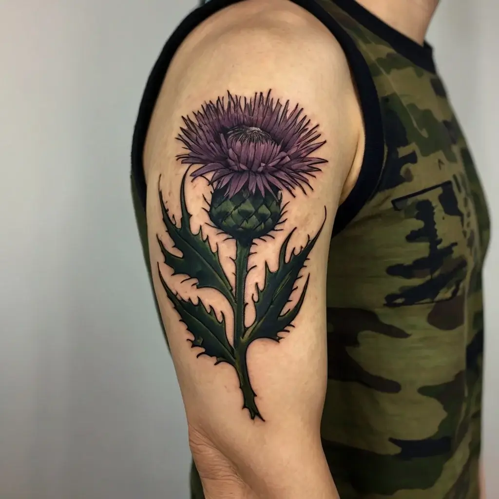 Tattoo of a detailed purple thistle with spiky leaves on the upper arm, symbolizing resilience and pride.