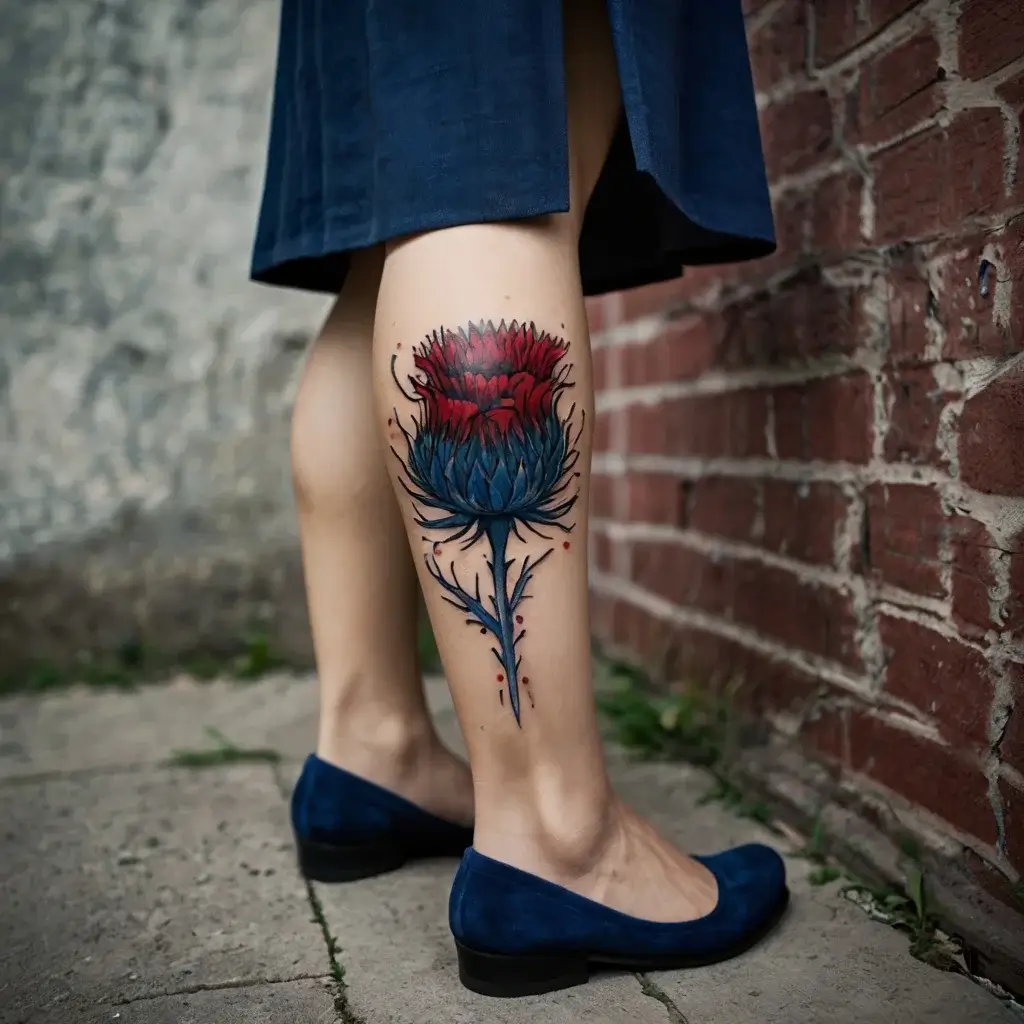 Tattoo of a red and blue thistle on the calf, with bold outlines and small decorative accents around the design.