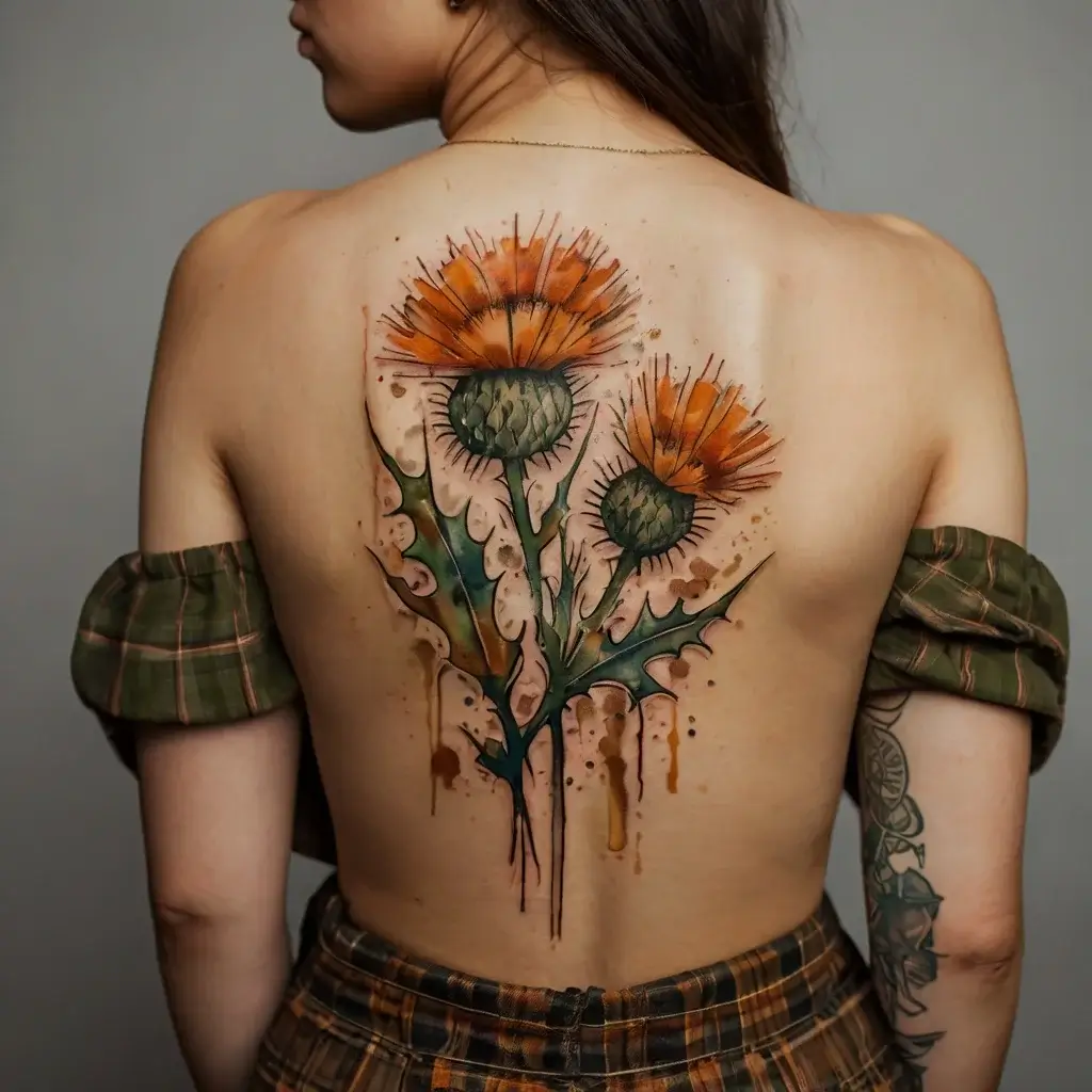 A vibrant back tattoo of orange thistles with green leaves, featuring watercolor splashes for a dynamic, artistic effect.