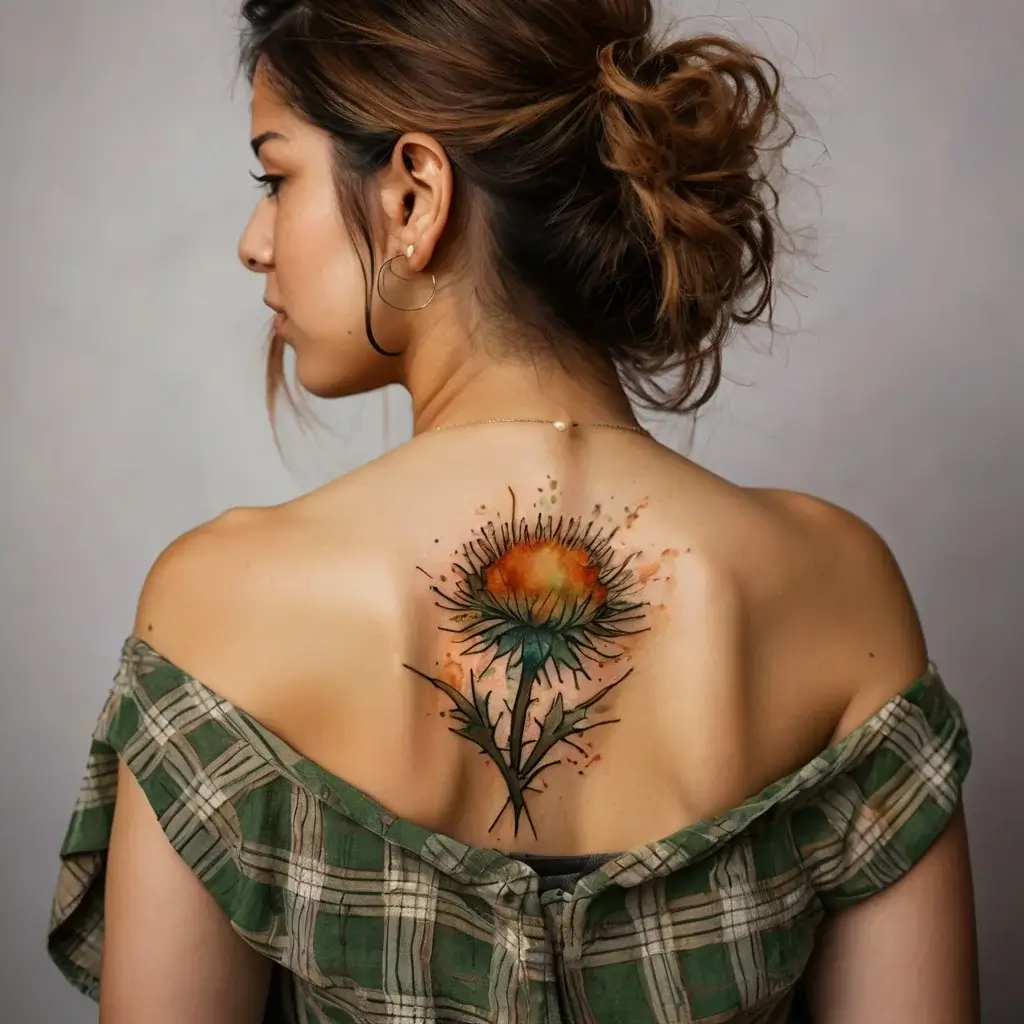 Watercolor thistle tattoo on upper back, with vibrant orange and green hues, creating an artistic, splash effect.