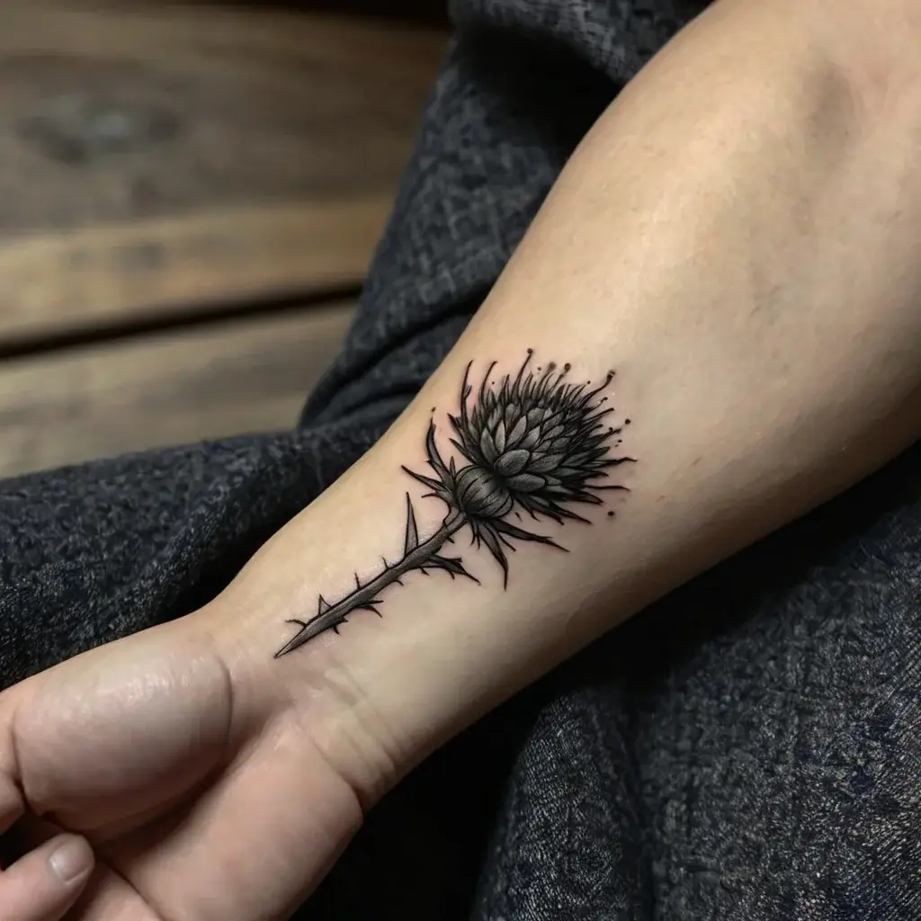 Detailed black and gray thistle tattoo on forearm, showcasing intricate petals and sharp thorns, symbolizing resilience.