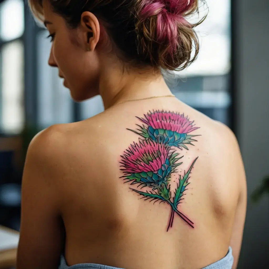 Tattoo of vibrant pink and blue thistles on the upper back, featuring detailed leaves and petals with a realistic style.