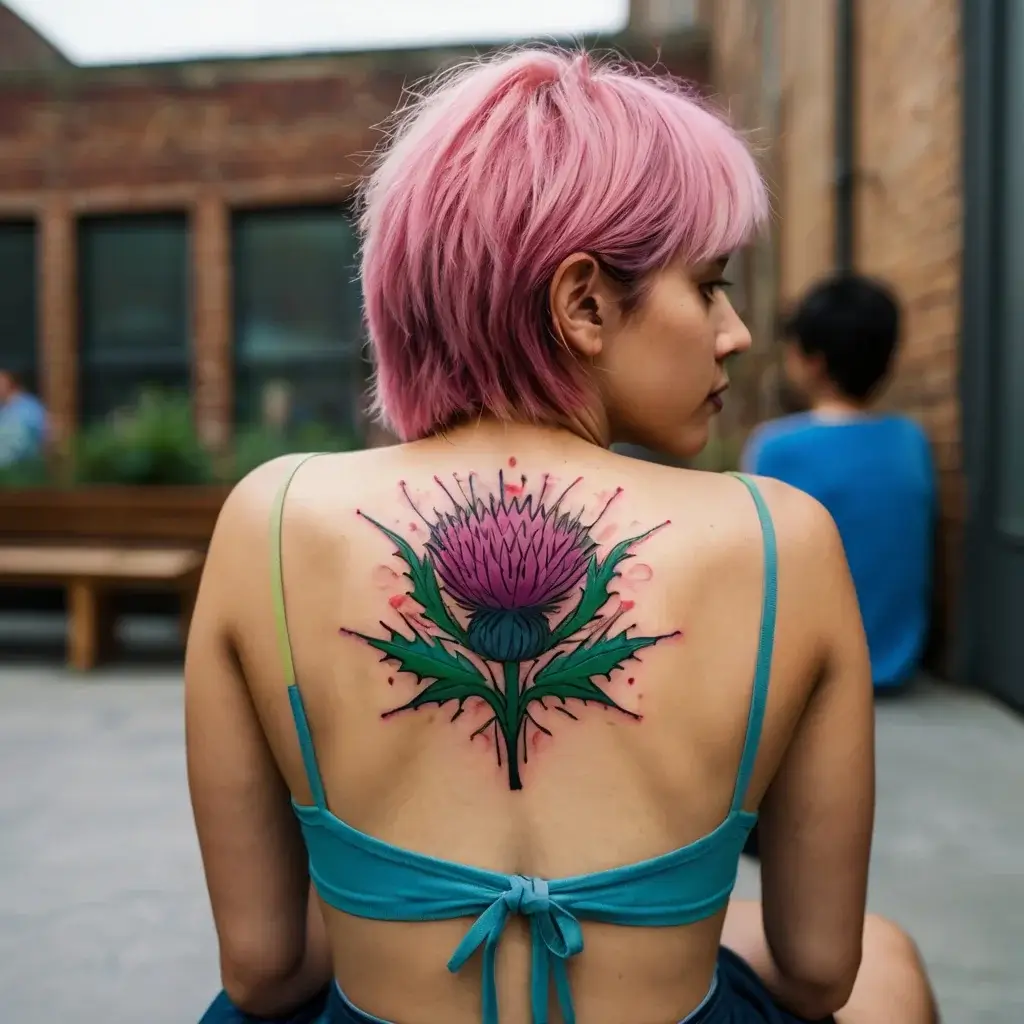 Tattoo of a vibrant purple thistle with green leaves on the upper back, blending realistic detail with artistic flair.