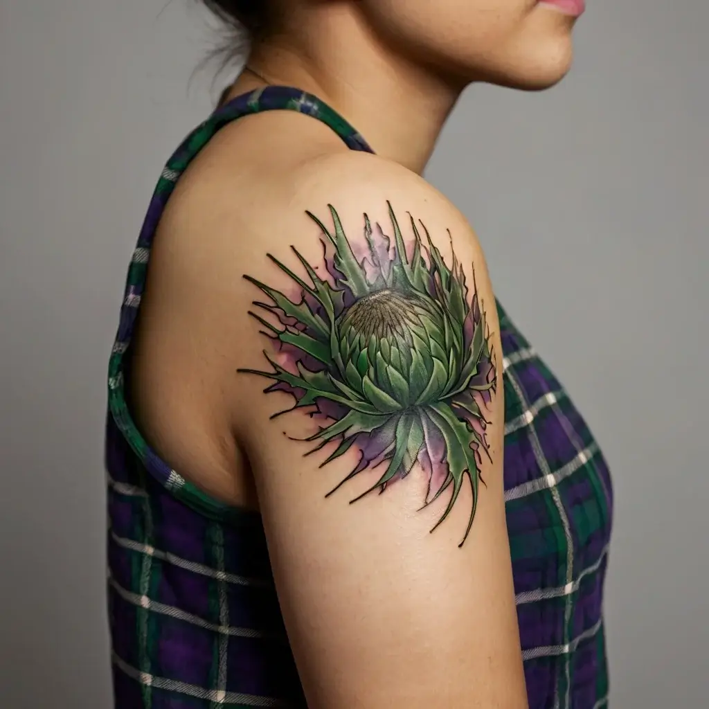 Tattoo of a detailed green thistle on shoulder, with purple accents and dynamic black outlines, enhancing depth and vibrancy.