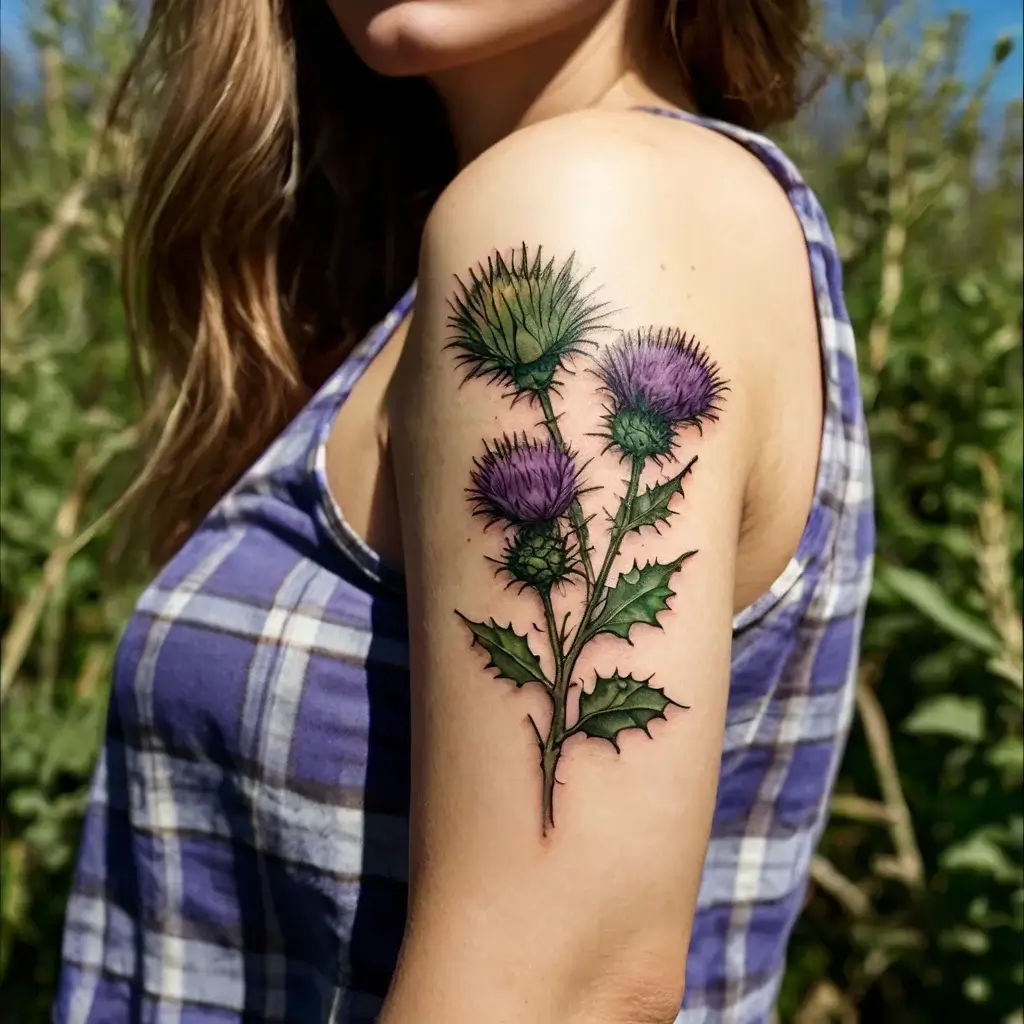 Tattoo of a vibrant Scottish thistle on upper arm, featuring green leaves and purple flowers, symbolizing resilience.