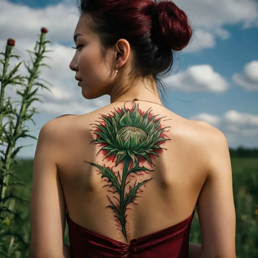 Tattoo of a vibrant green thistle with red accents on the back, symbolizing strength and protection.