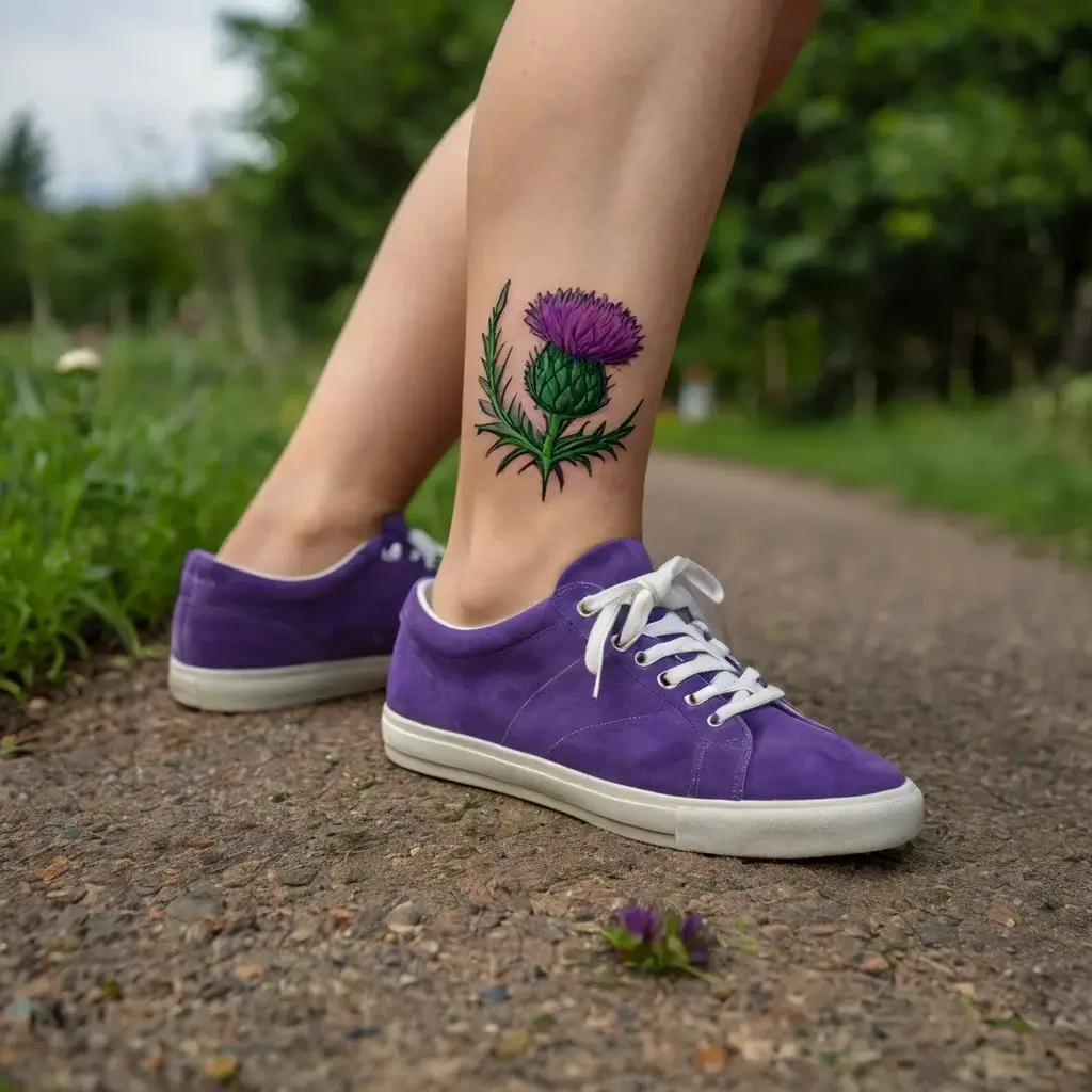 Tattoo of a vibrant purple thistle with green leaves on the calf, complemented by matching purple sneakers.