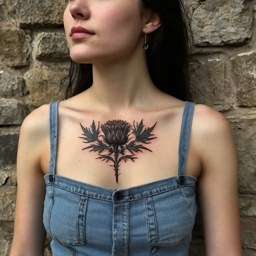 Chest tattoo of a detailed thistle flower with pointed leaves, symbolizing resilience and Scottish heritage.