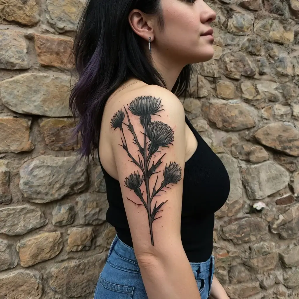 A detailed black thistle tattoo on upper arm, showcasing sharp lines and shading, symbolizing resilience and protection.