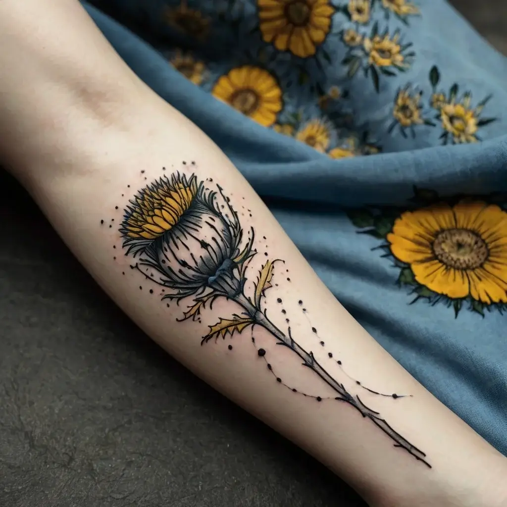 Yellow thistle flower tattoo with detailed petals and leaves, adorned with dot work accentuating its elegance.