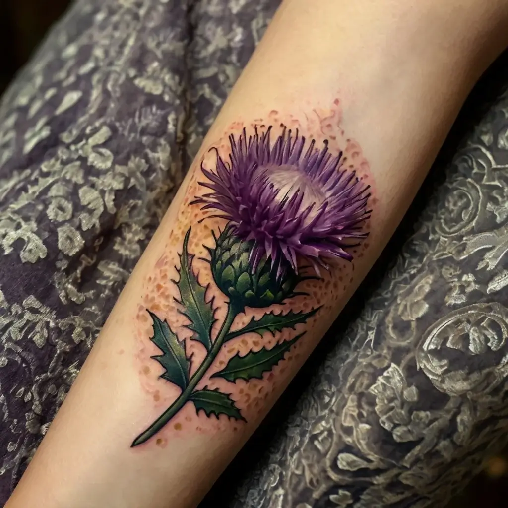 A realistic tattoo of a purple thistle on an arm, showcasing detailed petals and green leaves with intricate shading.